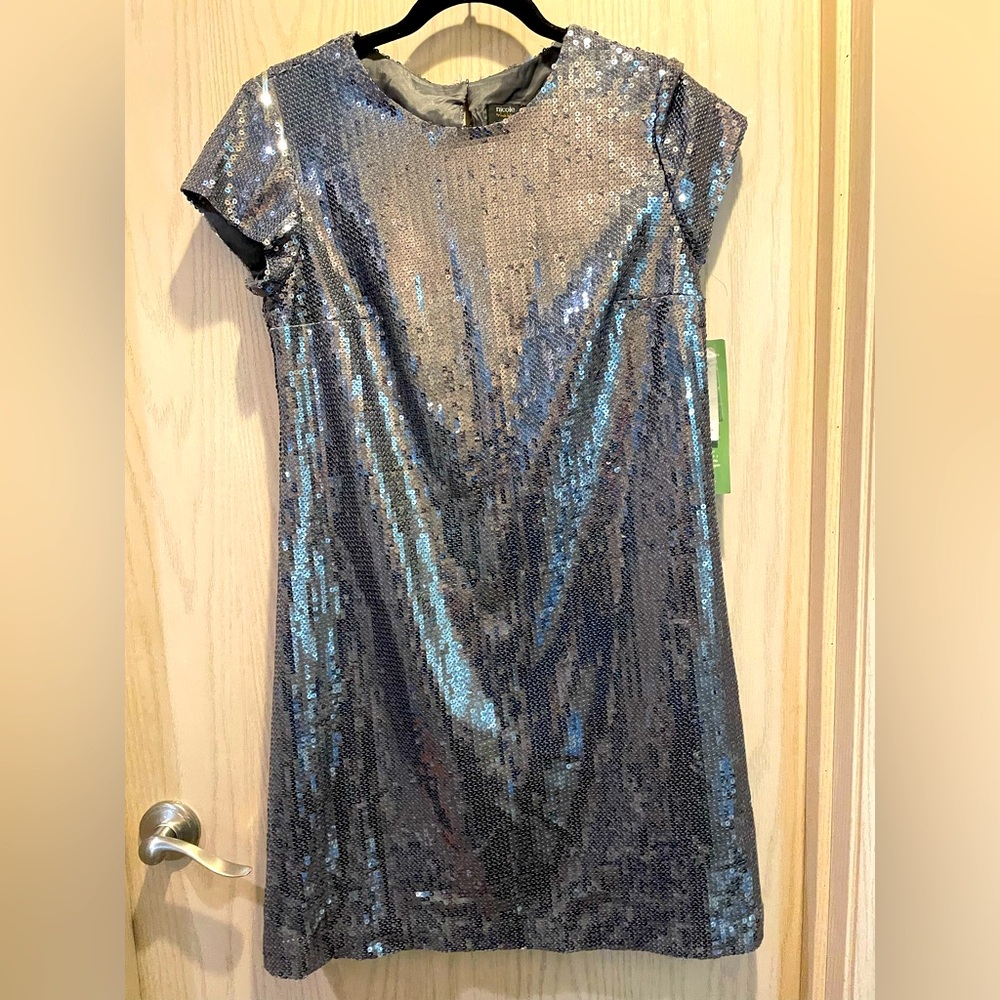 Size 10, gun metal gray, sequined mini dress